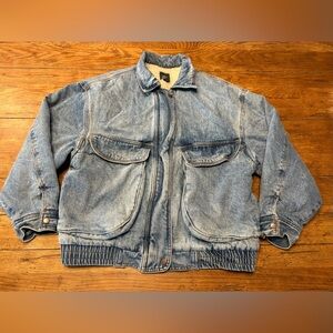 VTG  Light Acid Wash Blue Denim Sherpa Bomber Varsity Trucker Oversized Jacket